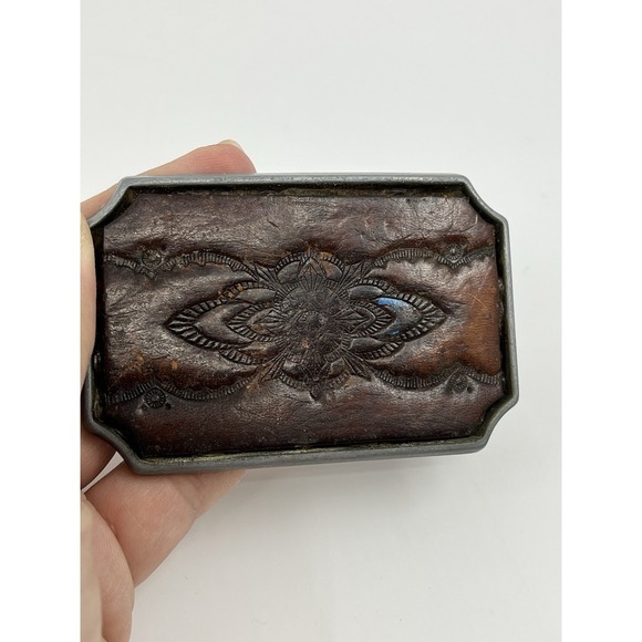 Vtg Solid Steel Buckle Tooled Leather Design 3.5" Distressed - Picture 1 of 6